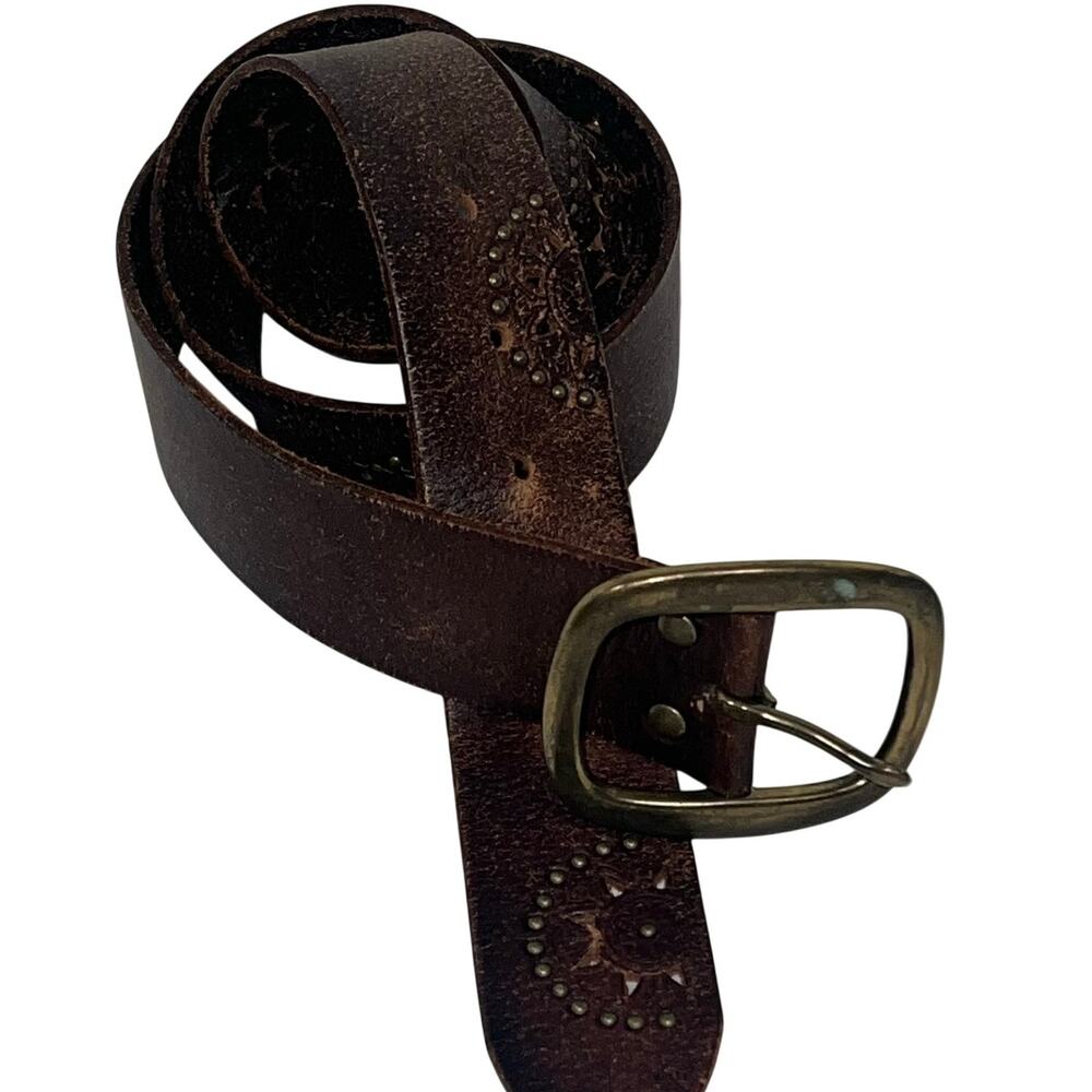 Linea Pelle Leather Belt Hand-tooled Metal Studded Y2K Sunburst Western Boho Lge